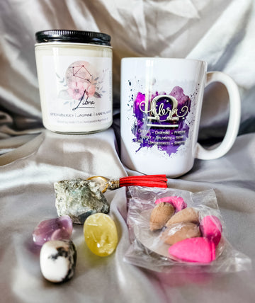 Libra zodiac candle gift set with mug, tumbled stones and incense cones.
